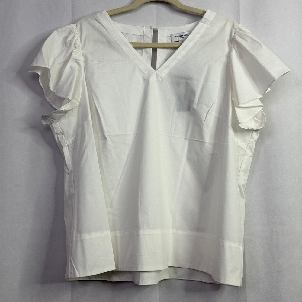 Marc New York Blouse Short Ruffle Sleeves White V-Neck Top